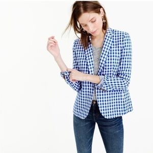 J. Crew Campbell 100% Linen Blazer Blue and White Gingham Checkered Size 2